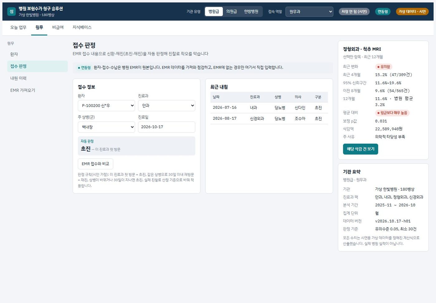 원무 접수 판정 화면
